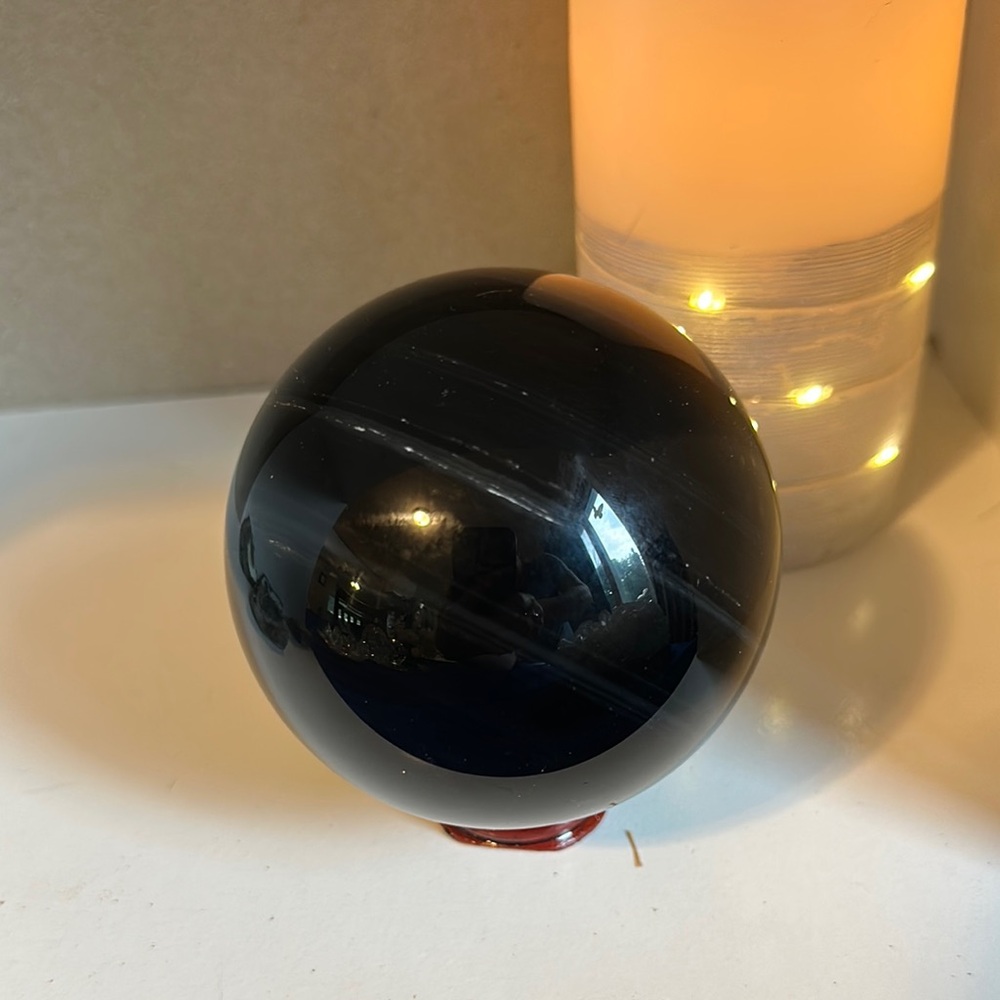 Black Obsidian and Silver Ring Crystal Sphere with stand 4”